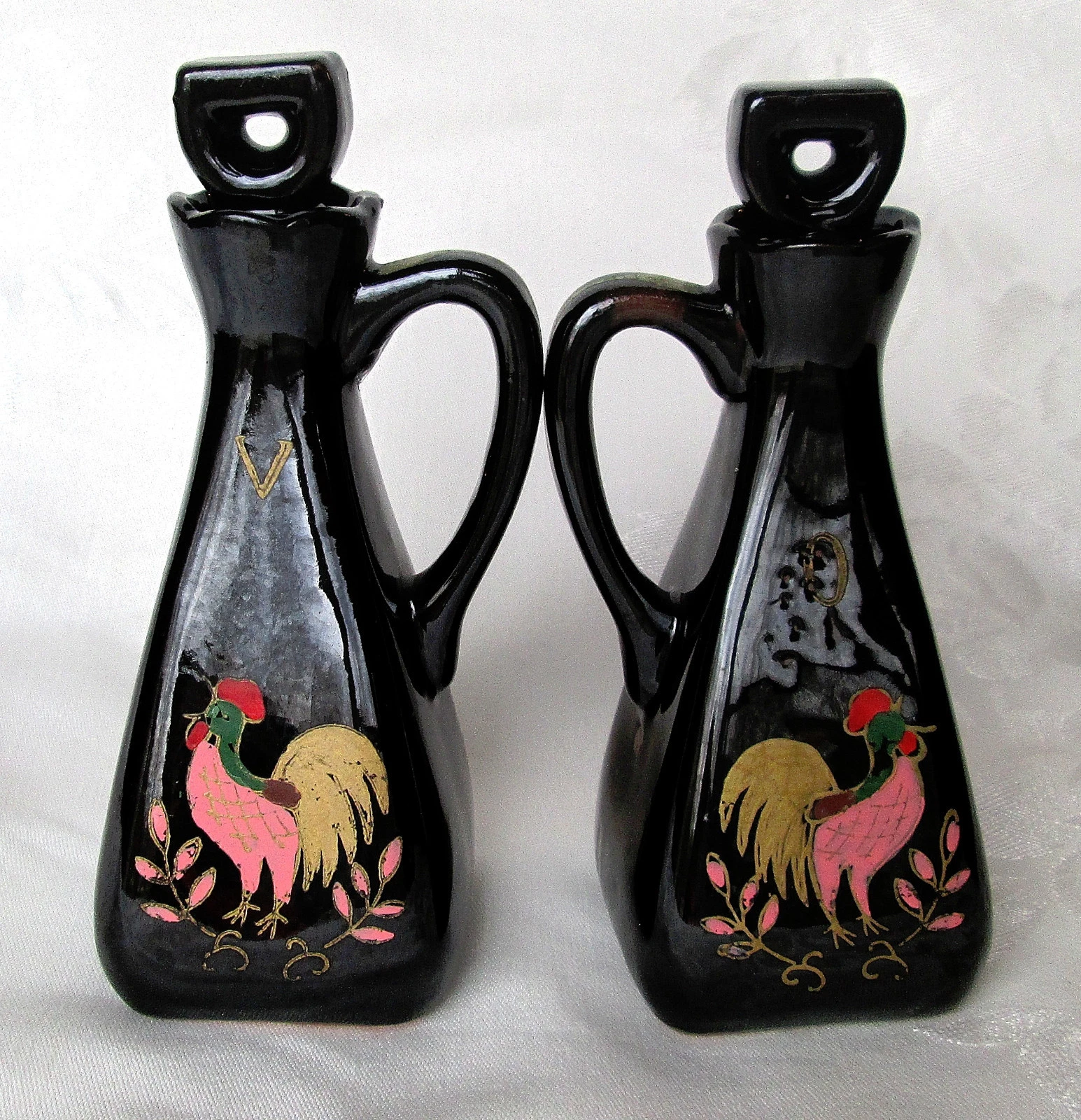 SHINNY BLACK TERRA COTTA VINEGAR & OIL CRUETS - ROOSTERS ON FRONT