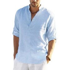 Men's Cotton Linen Long Sleeve Shirt Casual Summer Beach Gym Tshirt Tee Fun Gift