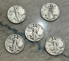 WALKING LIBERTY HALVES COLLECTORS LOT OF 5 $2.5 FACE 90% SILVER