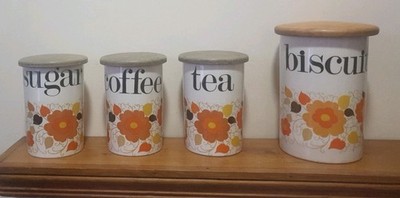 Funky Vintage Rare 1970s Tee, Kaffee, Zucker, Keks Vorratsdose Set Crown Devon