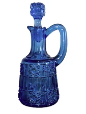 BLUE Cruet w/ matching Stopper EAPG Bellaire Goblet Co. Stars & Bars ca. 1886