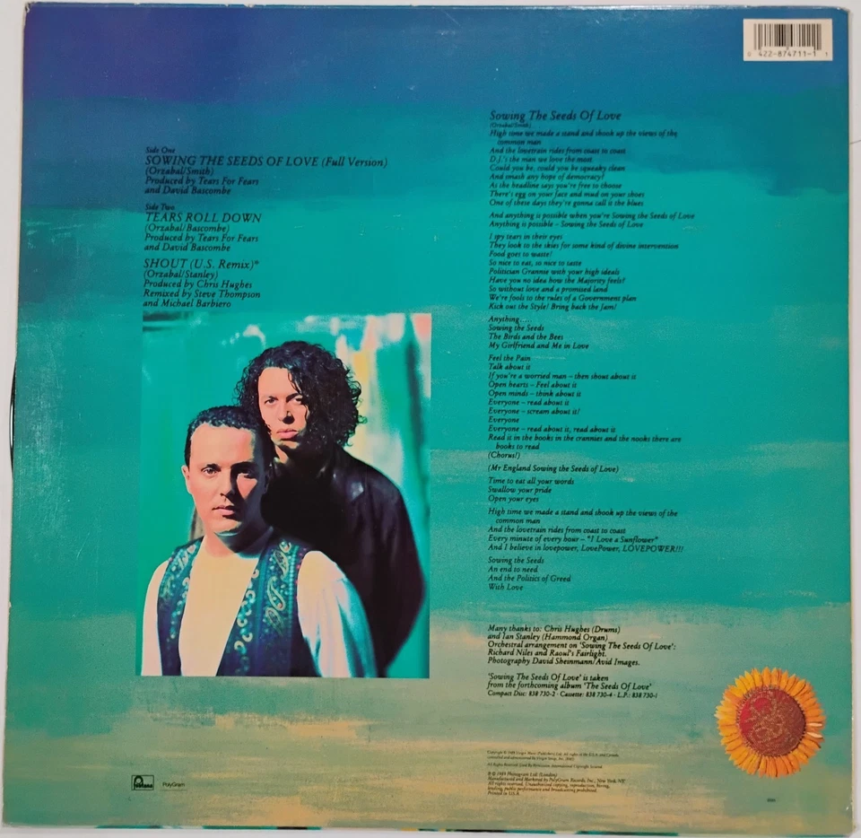 LP 12" VINTAGE Single  1989 33 rpm TEARS FOR FEARS Sowing the Seeds of Love - Image 2 of 4