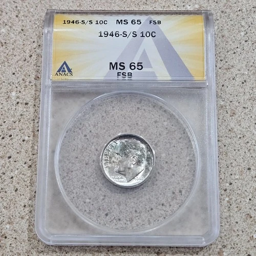 1946 S/S 10C Roosevelt Silver Dime MINT MARK ERROR Coin ANACS Graded MS 65 FSB