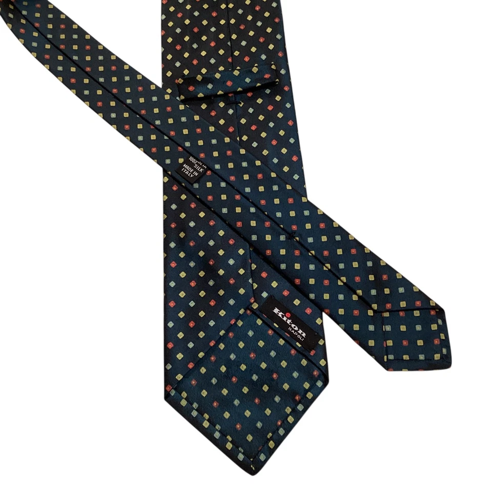 Gravata masculina KITON SEVENFOLD 100% seda ITÁLIA luxo geométrica azul/multi excelente estado usado - Imagem 3 de 4