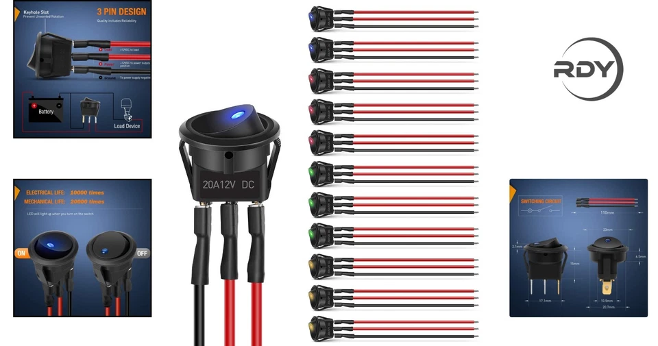 Versatile 12pcs LED Rocker Toggle Switches for Vehicles - 12V 20A Power Solution - Image 2 of 4