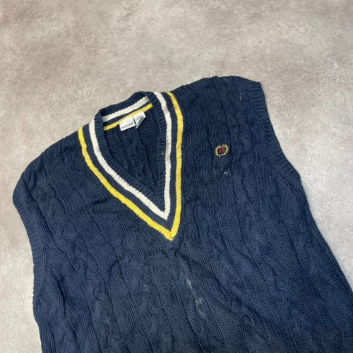 Vintage Jumper Mens Large Knit V Neck Cable Knit Pull Over Vest, Navy - Picture 3 of 10