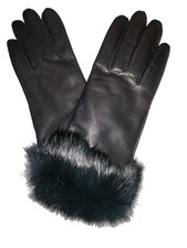 Women's Black Fur Cuff Leather Gloves , Small