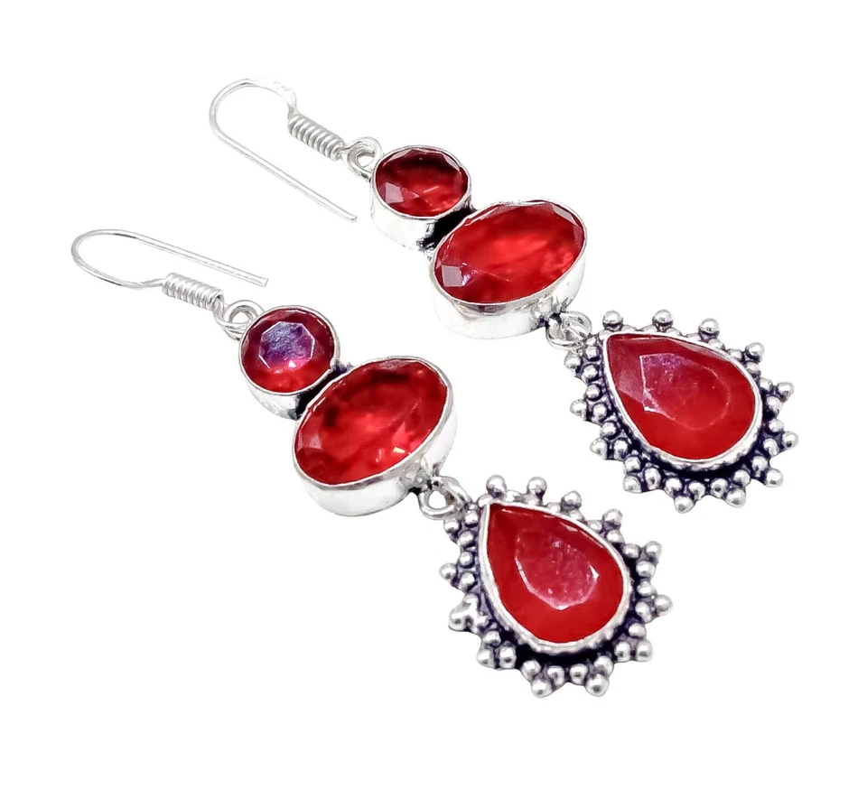 925 Sterling Silver Garnet Gemstone Jewelry Earring Size-1.50'' - Image 2 of 4