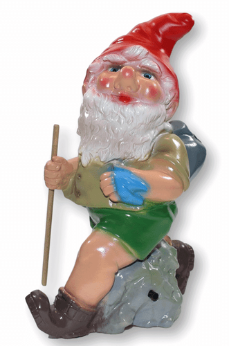 Deko Figur Zwerg Wanderer H 33 cm Gartenzwerg mit Bewegungsmelder Pfeifen Pfiff - Bild 1 von 5