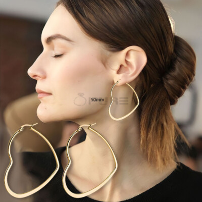 Large Gold Heart 50MM Hoop Earrings Jewelry 18ct Gold Plated Stainless  Steel UK UK