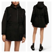 New Maje 0 Xs Gangmille Hooded Wool Blend Coat Jacket Black Mid Length Oversized