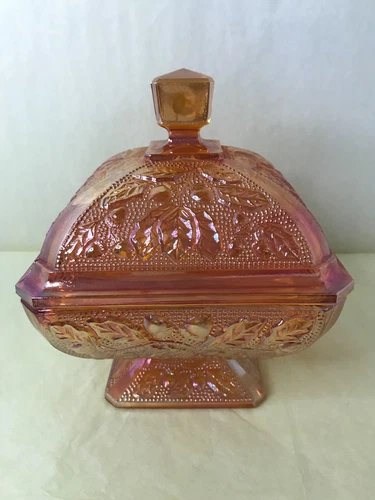 Jeanette Glass Amber Marigold Oak Leaf & Acorn Candy Dish Trinket Box W/ Lid