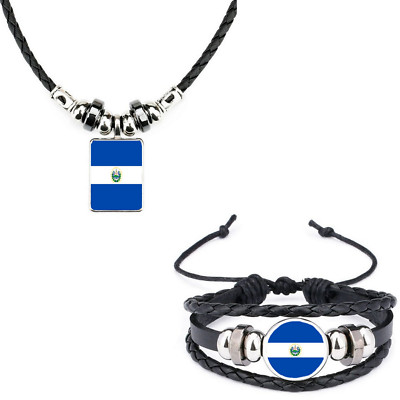 2er Set El Salvador schwarzes Lederarmband und weiches Seil Halskette + Geschenktüte