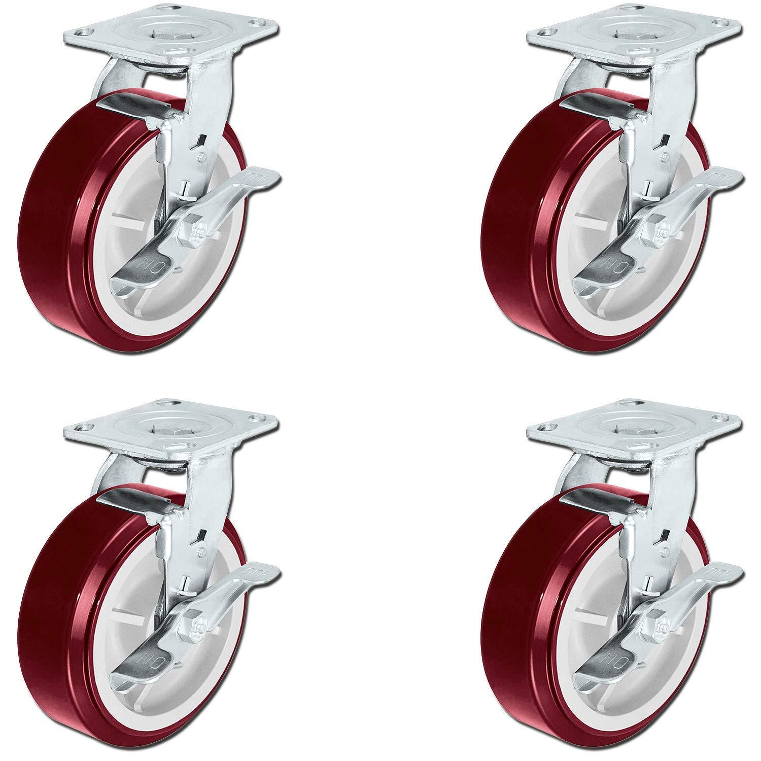CasterHQ - 6" X 2" Heavy Duty Polyurethane Wheel Swivel Casters With Lock Brakes