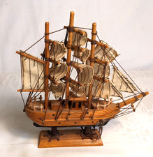 Vintage 6" Handmade Wood 3 Mast Model Sailing Ship Rigging Cloth Sails Anchor