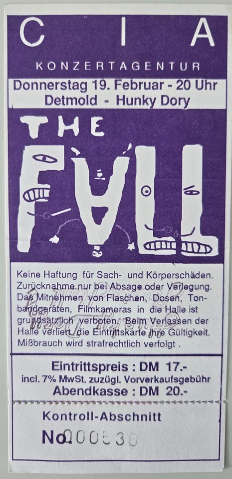 THE FALL altes Konzertticket 1987 Hunky Dory Detmold wie neu