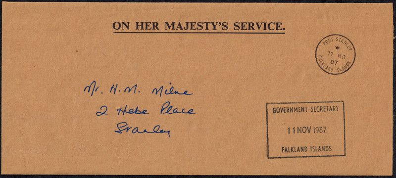 Falkland Islands 1987 OHMS Cover w/ GOVERNMENT SECRETARY Boxed H/S