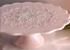 VTG FENTON ROSE PINK MILK GLASS PEDESTAL LARGE CAKE PLATE SPANISH LACE 1950'S