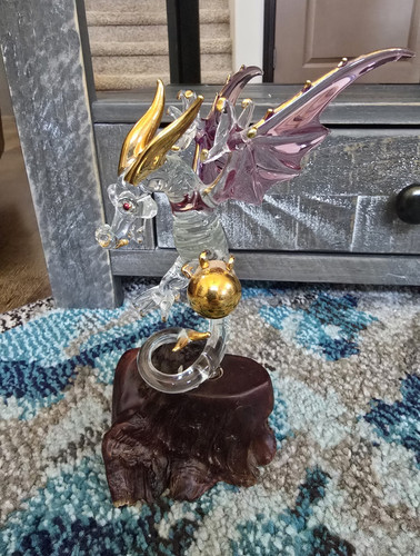 Handmade Glass Dragon Figurine Statue on Wood Base, Fantasy Theme
