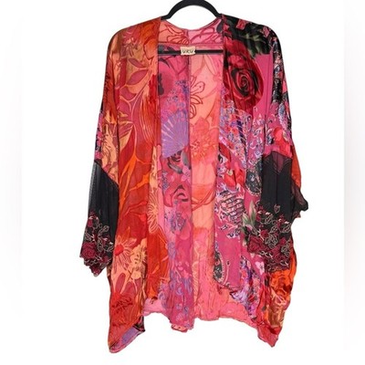 URU Silk Open Kimono Sheer Top Cardigan Patchwork Floral Butterfly Embroidered