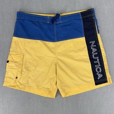 Y2K Nautica Swim Trunks Mens L Yellow Mesh Lined Nylon Board Shorts Spellout 90s