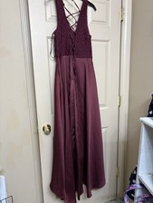 Burgundy Lace Formal Dress with Criss-Cross Back, Floor Length Evening Gown