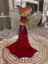 Vintage Stained Glass Christmas Angel Candle Holder Red Gold Holding Mandolin
