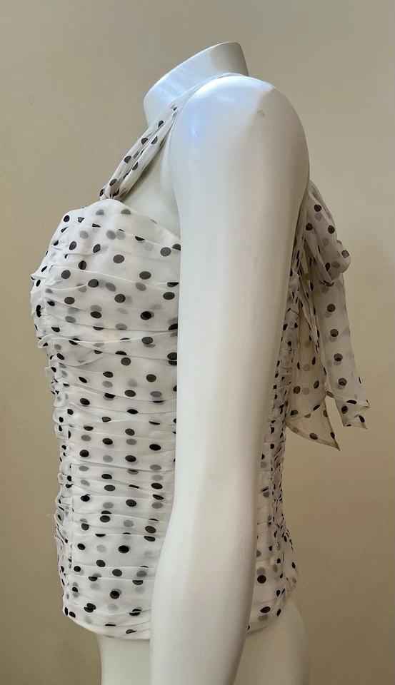 Top Corsé Maggy London De Colección Años 80 Con Talla 6 Seda Crema Negro Lunares Acanalado Foto 4 de 4