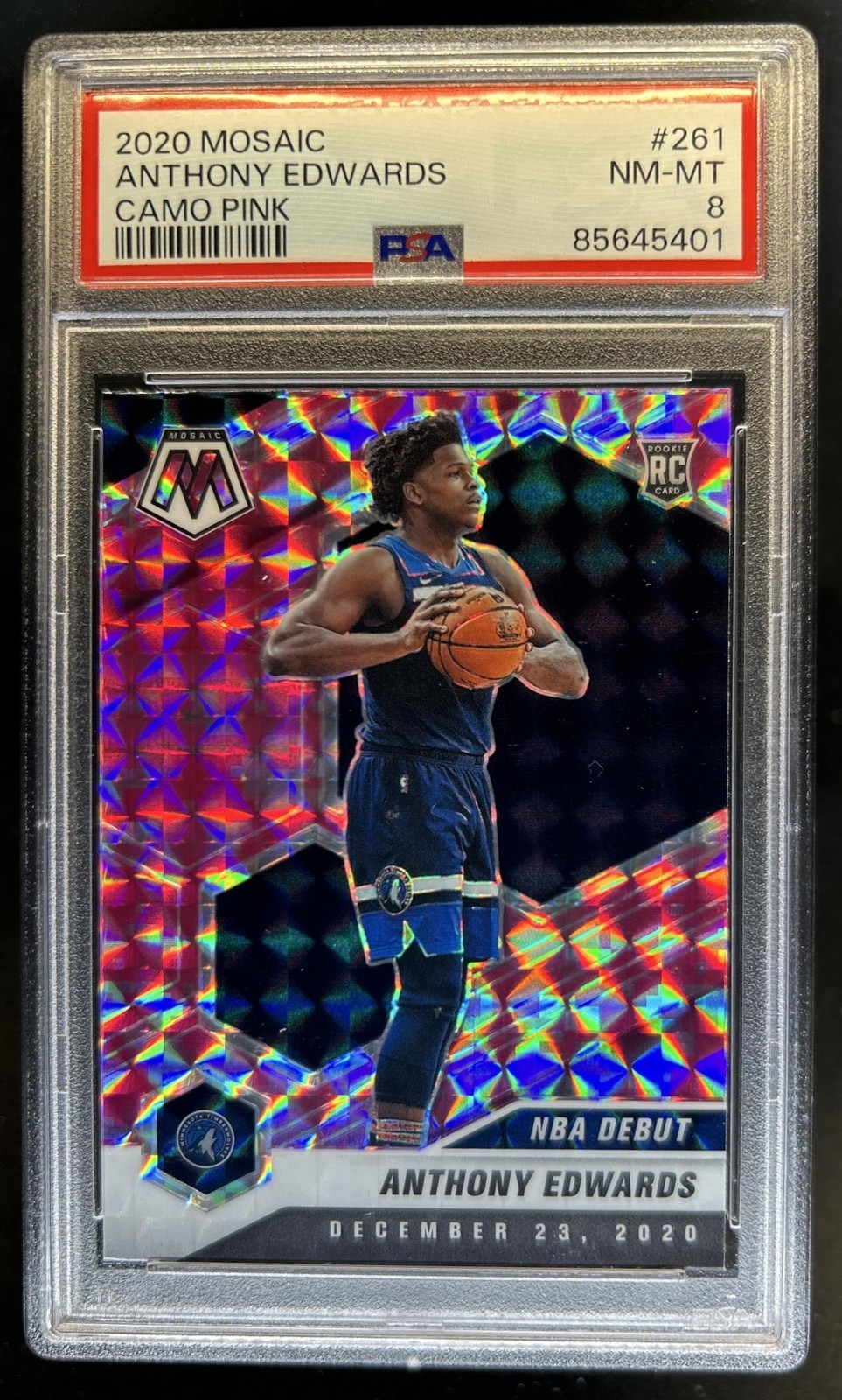 2020-21 Panini Mosaic Anthony Edwards RC Camo Pink Rookie NBA Debut #261 PSA 8