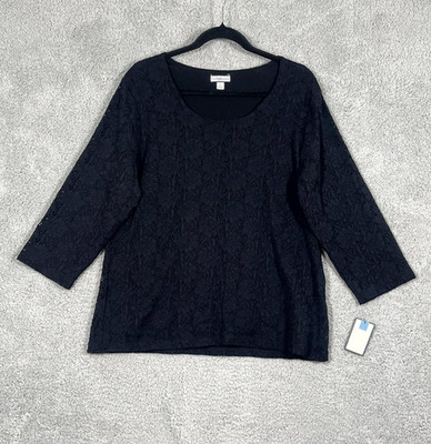 Croft & Barrow Top Women XL Black Floral Lace Lined Scoop Neck 3/4 Sleeve Party