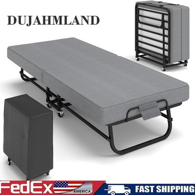 Portable Folding Bed Guest Bed with Mattress Foldable Roll Away Bed on Wheels