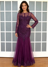 Hebeos Elegant Sequins Lace Mesh Purple Long Sleeve Maxi Mermaid Gown w Train S