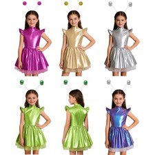 Girls Alien Costume 2Pcs Dresses A Line Christmas Metallic Performance Dance
