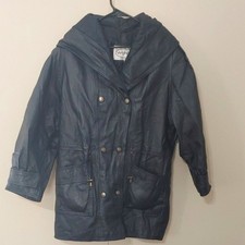 VTG Winlit Black Leather Jacket Unisex Hooded Trench Coat Size M
