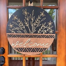 3D Welcome Sign for Front Door, Rustic Round Wood Wreaths Wall Hanging Modern...