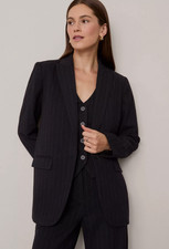 NWT ANN TAYLOR NAVY WHITE PINSTRIPE LONGLINE BLAZER JACKET SZ 6