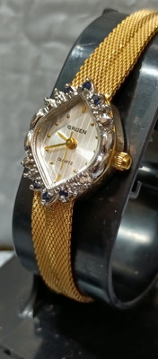 GRUEN Vintage Women's Watch Diamond Sapphire Gold Tone Swiss ETA