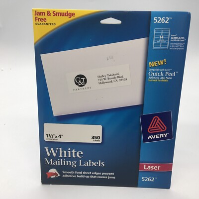 Avery Easy Peel Mailing Address Labels Laser 1 1/3 x 4 White 350/Pack 5262