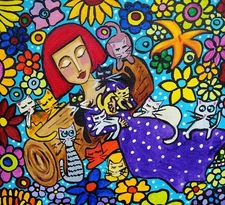 Folk Art Painting: Crazy Cat Lady in her Garden  2009