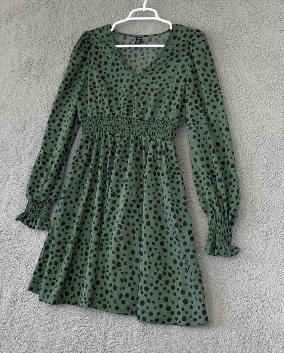 long sleeve green polka dot dress Shein Womens Green Polka Dot V Neck Bishop Sleeve Shirred Waist Mini Dress  Sz S