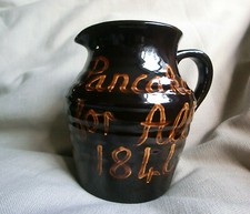 VIKTORIANISCHES SCHLUPFGESCHIRR GLASIERTE KERAMIK TEIG PFANNKUCHEN KRUG - "PFANNKUCHEN F&Uuml;R ALLE, 1846"