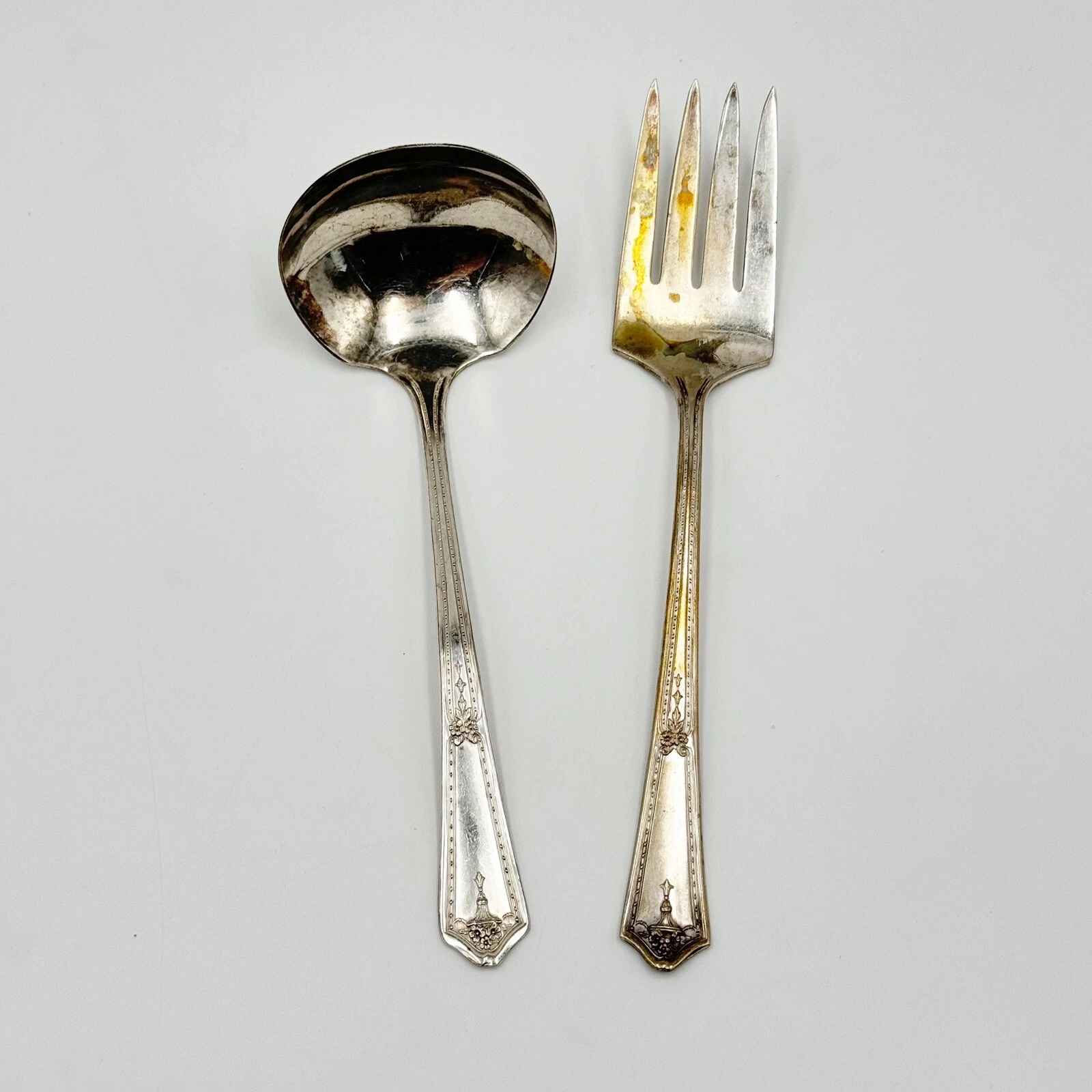 Vintage R.C.C.O. Silver Plate Gravy Ladle & Serving Fork Bouquet Plate Floral