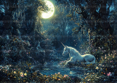 Einhorn Kunstdruck Zauberwald Fantasy Szene Vollmond Zaubertier AG10