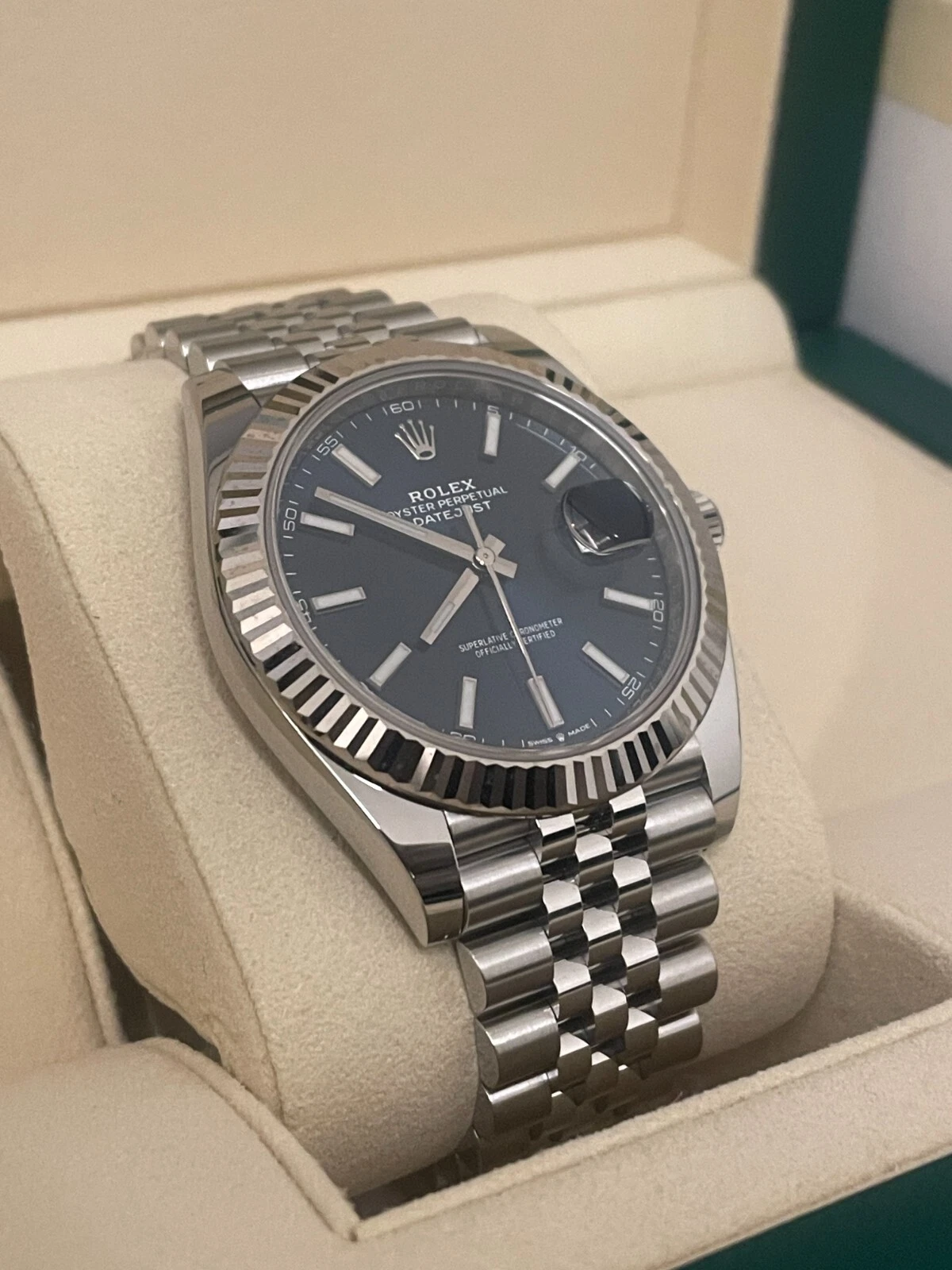 Rolex Datejust 41mm Fluted Bezel 126334 Blue Index Dial Jubilee Bracelet Steel