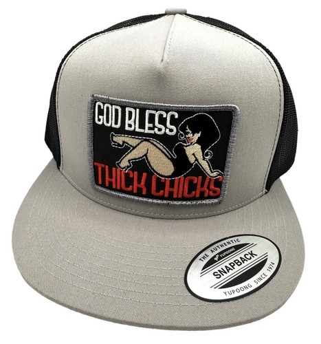 God Bless Thick Chicks Yupoong Flat Bill Trucker Hat Cap Vintage Style Patch