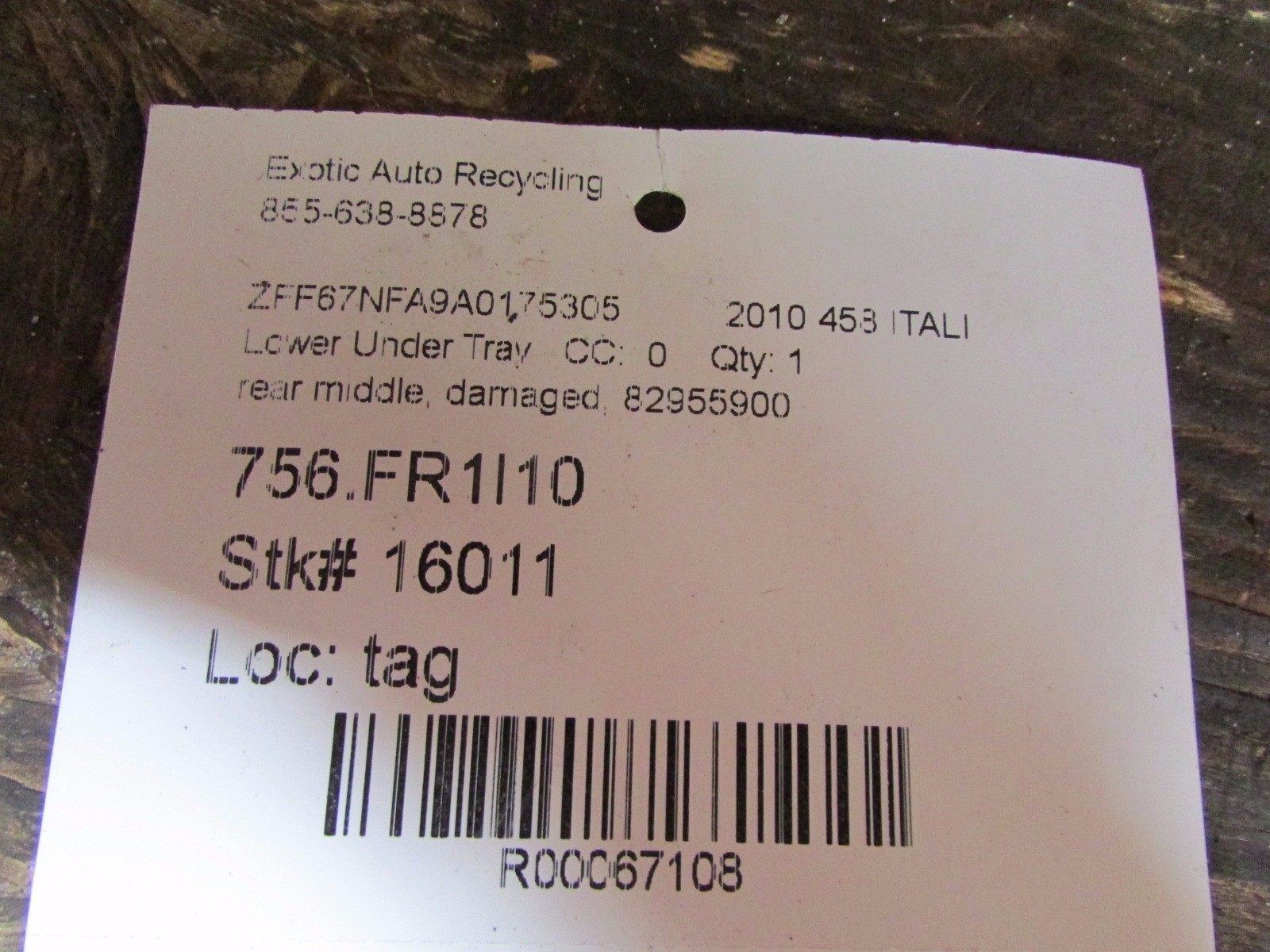 Ferrari 458 Italia, Rear Center Middle Under Tray, Used, P/N 82955900