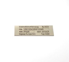 E Scooter Typenschild Edelstahl,Roller, laserbeschriftet, 90 x 25 mm