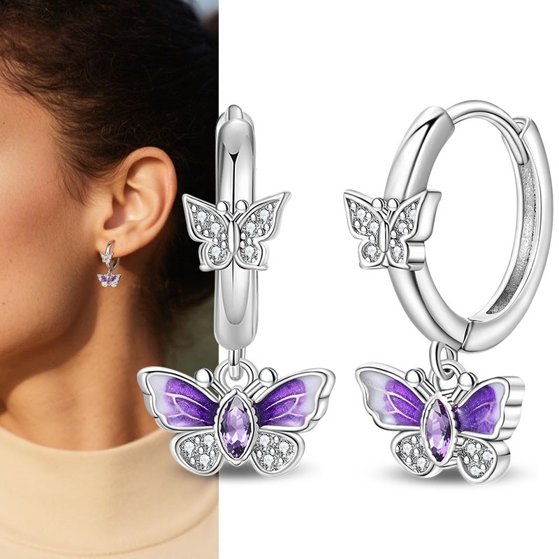 PANDACH 925 Sterling Silver Purple Butterfly Drop Earrings Women Dangle Earrings