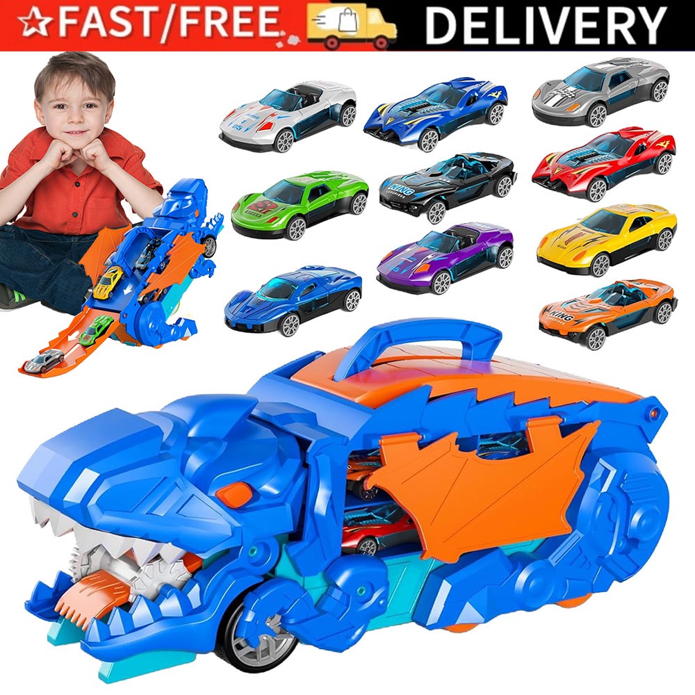 Dino Transport Truck Kleinkinder 10Rennautos 2Strecken Spielset Geschenkidee Neu