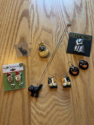 Cat Lovers Lot Of Cat Themed Jewelry: Necklace, 3 Pair Earrings, 3 Pins
